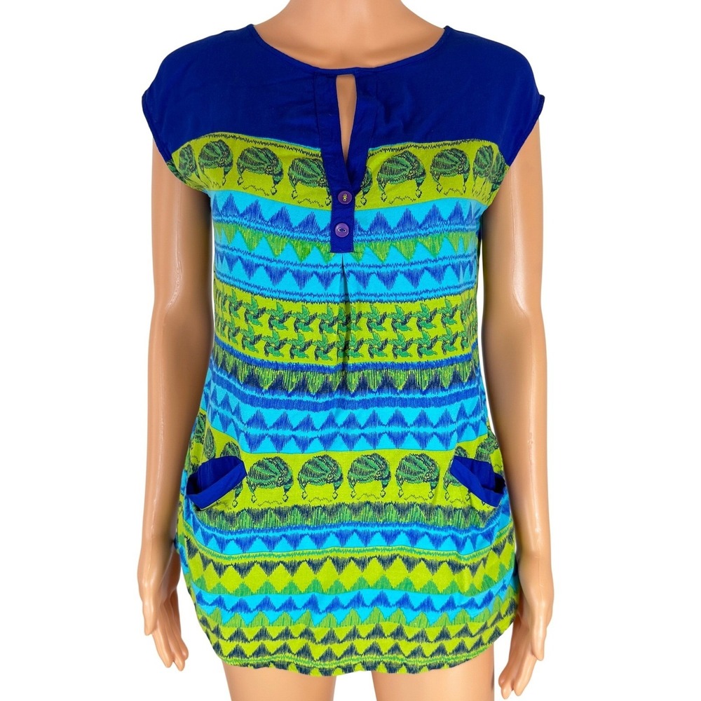 Top Shirt Womens S Global Desi Womens Blue Green Tunic Top Cap Sleeve Size Small